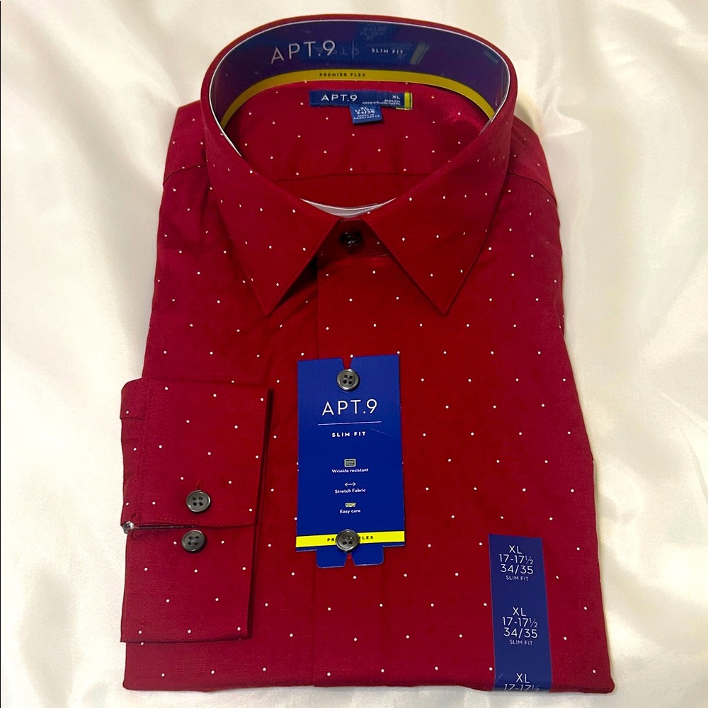 Apt. 9 Men's Burgundy Polka Dot  Long Sleeve Dress Shirt    New With Tags